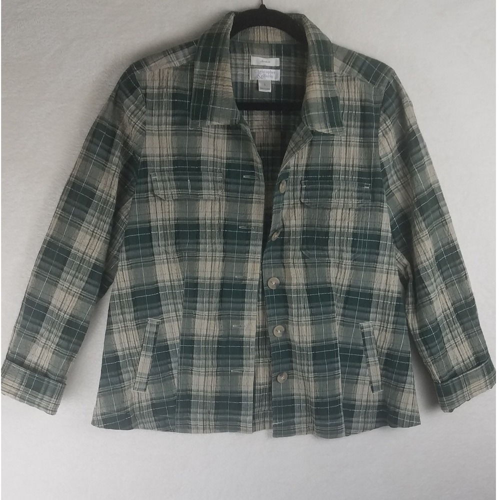 Christopher Banks Women's L Plaid Button‎ Up Shirt Jacket Green Tan Stretch
